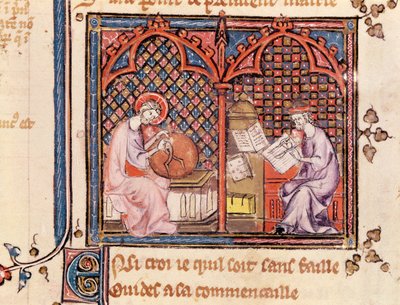 Ms 1044 Fol.16v Ordet, världens skapare och författaren som skriver sin bok, från Ovide Moralise skriven av Chretien Legouais av French School