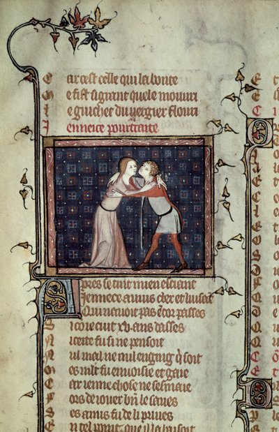 Ms 1126 fol.8r Youth and Love Embracing, från Le Roman de la Rose av Guillaume de Loris och Jean de Meung av French School