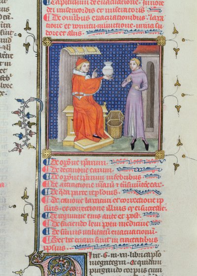 Ms 126 fol.200v En läkare som utför en urinanalys, från ett manuskript av Rhazes (Ibn Zakariya) (860-c.923) av French School