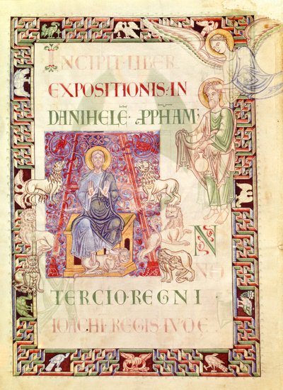 Ms 132 f.2v Daniel i lejonhålan matad av Habakkuk, från Explanatio in Prophetas et Ecclesiasten av St. Hieronymus av French School