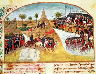 Ms 1335 f.62v Hur Alexander den store (356-323 f.Kr.) korsade Tigris och Eufrat, från Vie dAlexandre le Grand av French School