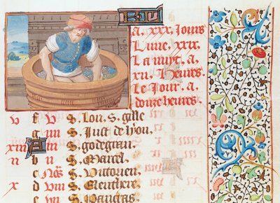 Ms 134 September: Trampling Grapes, from a Book of Hours av French School
