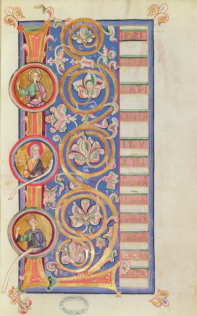 Ms 14 fol.23 Historikerad initial L med medaljonger, från en evangelie av French School