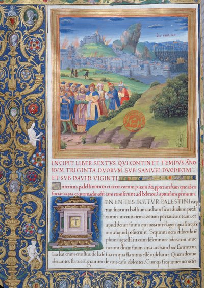 Fru 1581 f. 108v Illustration från bok VI (Från Elis död till Sauls död), kapitel 1 i judarnas antikviteter (Antiquitates Judaicae) av Flavius Josephus - Förstörelsen som kom av French School
