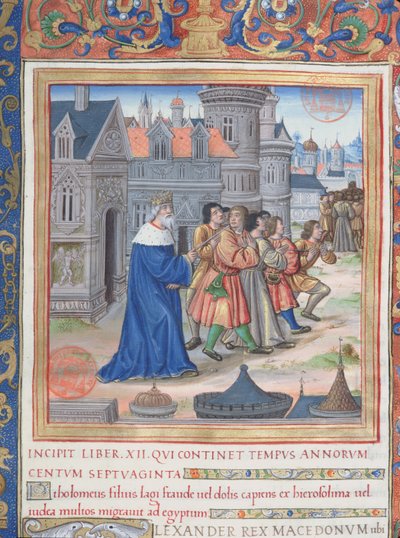Fru 1581 f. 228 Illustration från bok XII (Från Alexander den stores död till Judas Maccabaeus död), kapitel 1 i judarnas antikviteter (Antiquitates Judaicae) av Flavius Josephu av French School
