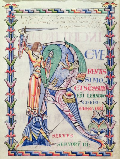 Ms 168 f.4v Historikerad initial R som visar en riddare som slåss mot en drake, från Moralia i Job av påven Gregorius den store av French School