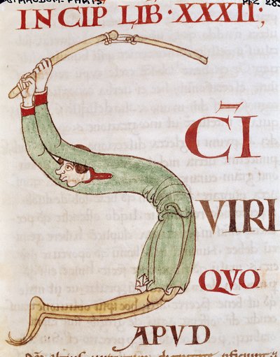 Ms 173 fol.148r Historikert initial S föreställande en man som tröskar, från Moralia i Job av påven Gregorius den store av French School