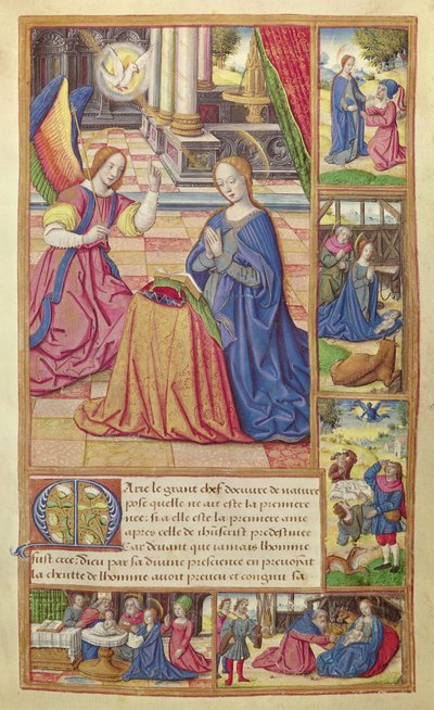 Ms 17 fol.2 The Annunciation and the Childhood of Christ, från Vie des Femmes Celebres, c.1505 av French School