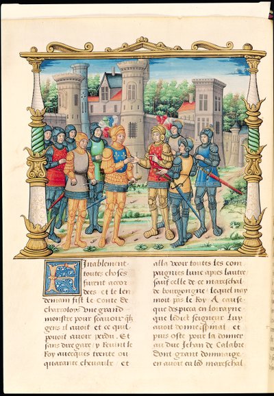 Ms 18 f.32v Konflansfördraget mellan Ludvig XI och Karl den djärve, hertig av Bourgogne, oktober 1465, från Philippe av Commines memoarer (1445-1509) av French School