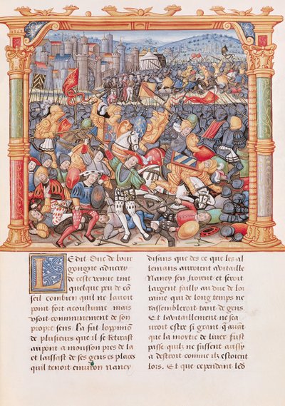 Ms 18 fol.150r Slaget vid Nancy 1477, från Memoires de Philippe de Commines av French School