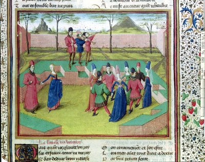 Ms 19153 f.7 A Carole in the Orchard, illustration från Le Roman de la Rose av Jean de Meung, ca 1460 av French School