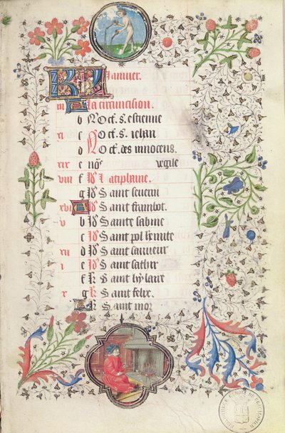 Fru 19 januari: Vattumannen och en man som värmer sig vid en härd, från en timbok, tidigt 1400-tal av French School