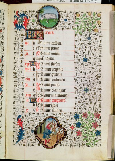 Fru 19 mars: Vädur och en man som fäller träd, från en timbok, tidigt 1400-tal av French School