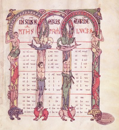 Ms. 1 kanonbord över evangelisterna dekorerade med fantastiska djur, från Evangeliet från Saint-Michel-de-Cuxa, ca 1070-1130 av French School