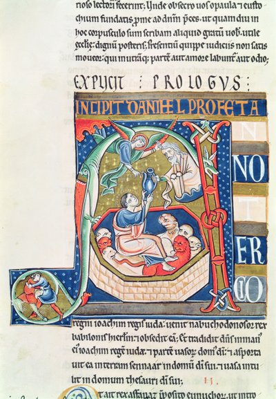 Ms 1 fol.185v Historikerad initial A föreställande Daniel i lejonhålan, från Souvigny-bibeln av French School