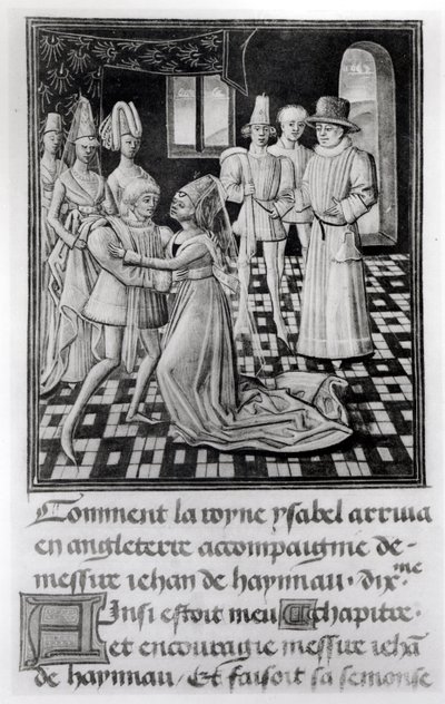 Fru 1 fol. 6 v Isabella av Frankrike, drottning av England, tar avsked av Vilhelm I, greve av Hainaut, från Froissarts Chronicle av French School