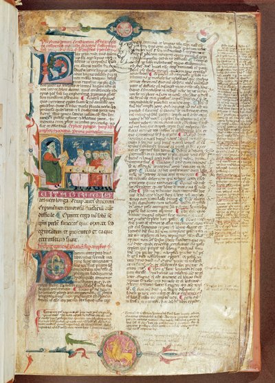 Fru 2046 fol. 1 Instruktionsscen, första sidan av Aforismer av Hippokrates med kommentarer av Galen av French School