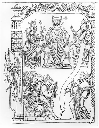 Ms 210 fol 19v. Cartulary of Mont Saint-Michel: Hertig Richard II av Normandie ger en gåva av landområden och privilegier till klostret Mont St. Michel, (gravyr efter en teckning från 1150-talet) av French School