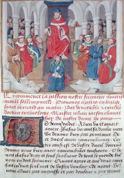 Ms 230 fol.1 Jean de Gerson (1363-1429) predikar passionen på morgonen i St. Bernard-kyrkan i Paris, från Sermons sur la Passion et Traites Divers, ca 1480 av French School