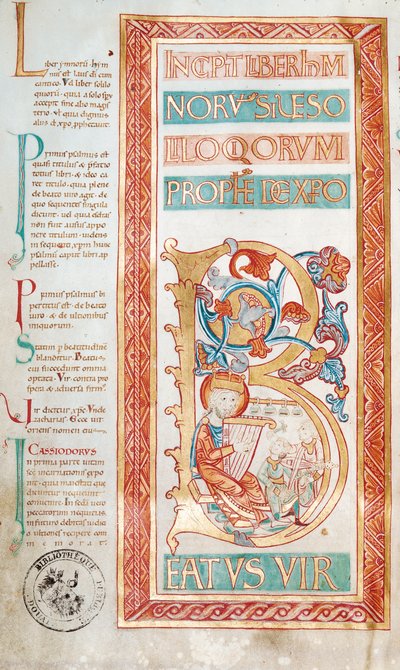 Ms 232 f.3v Historikerad initial B som föreställer kung David, från en psalmbok av French School
