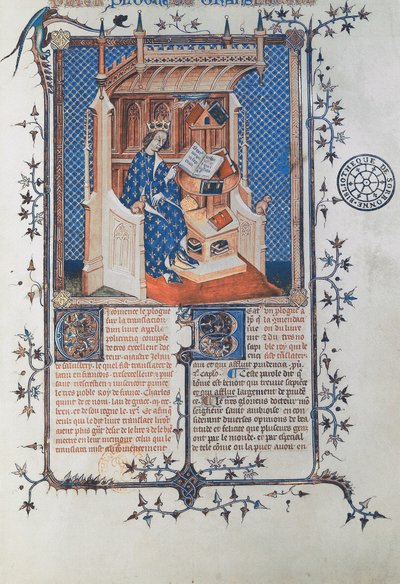 Ms 24287 fol. 2r Charles V, the Wise, King of France, from John of Salisbury, Polycraticus, översatt av Denis Foulechatis, c.1372 (vellum) av French School
