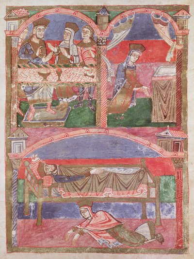 Ms 250 f.24r St. Radegund (518-87) vid Clothar I:s bord (497-561), i hennes oratorium och vid foten av den kungliga sängen, från St. Radegunds liv av French School