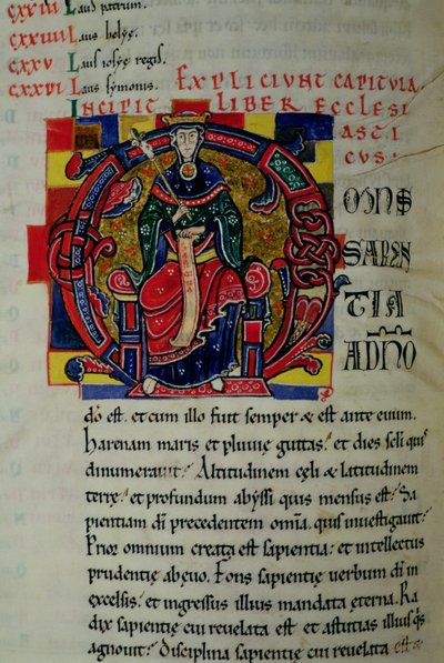 Ms 2 fol.8 Historikerad initial O som visar en visdomsfigur, från St. Benigne-bibeln av French School