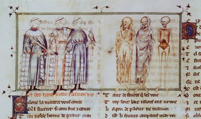 Ms 3142 fol.311r Berättelsen om de tre levande männen och de tre döda männen, från Recueil de Poesies Francaises, c.1280-90 av French School