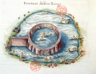 Ms 3242 The Baths of Bourbon-Lancy, illustration från Generale Description du Bourbonnais av Nicolas de Nicolay, 1569 (wc på papper) av French School