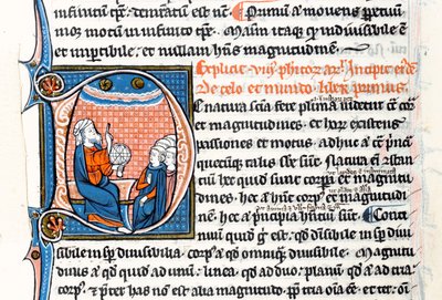 Ms 3458 fol 62vo Historikerad initial D som visar Aristoteles som håller en armillarsfär och pekar mot himlen när han undervisar en grupp präster från Västeuropa (penna och bläck och tempera på vell av French School