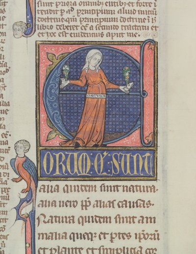 Ms 3469 Historikerad initial E med en representation av naturen, från fysiken av Aristoteles (384-322 f.Kr.) (penna, bläck & tempera på veläng) av French School
