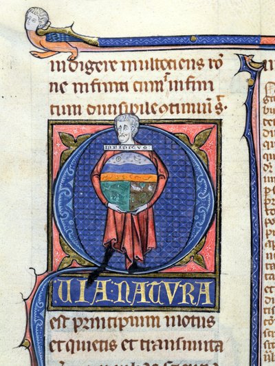 Ms 3469 Filosof håller en jordglob med de fyra elementen, från Physics av Aristoteles (384-322 f.Kr.) (penna, bläck och tempera på veläng) av French School