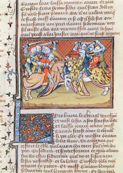 Ms 3479 t.1 fol.539 När hästarna krockar, från Livre de Messire Lancelot du Lac av French School