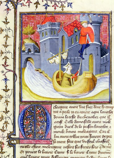 Ms 3480 Knight flyr från ett slott med hjälp av en dam, från Livre de Messire Lancelot du Lac av French School