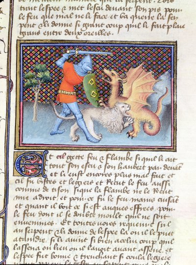 Ms 3480 Yvain, riddaren med lejonet, slåss mot en drake, miniatyr från Roman de Lancelot av French School