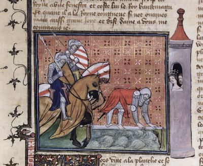 Ms 3480 fol.77 Lancelot Crossing the Sword Bridge, från Sir Lancelot du Lacs bok av French School