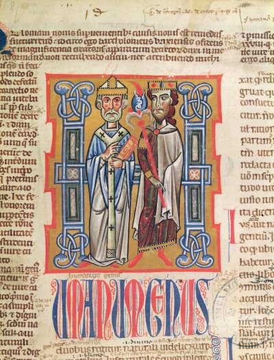 Ms 354 fol.9 Miniatyr av en biskop och kung från Decretum Gratiani, 1300-talet av French School