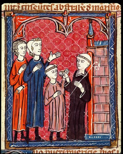 Ms 372 f.53r Ett barn fört till ett kloster av sina föräldrar, från Decrets de Gratien av French School