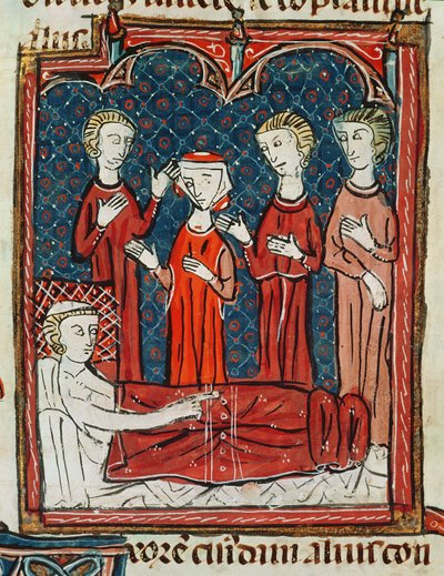 Ms 372 fol.165v En man i sin sjuksäng, från Decrets de Gratien av French School