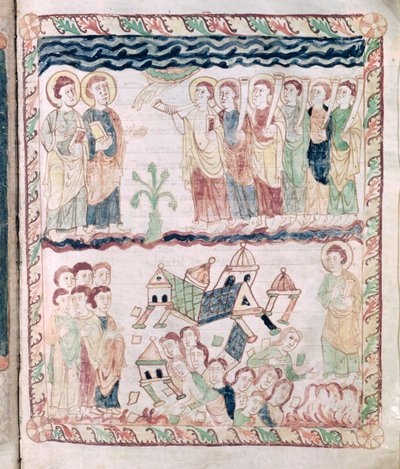 Ms 386 fol.25r Änglar med trumpeter och jorden som skakar, från Johannes Apokalypsen av French School