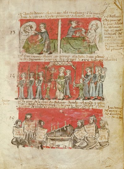 Ms 406 fol.6 Scener från livet för studenter vid College of Hubant eller Ave Maria, från stadgarna för College of Hubant, Paris, 1387 av French School