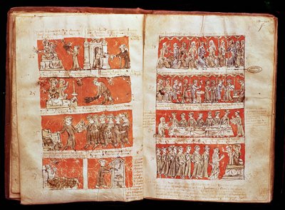 Ms 408 Scener från livet för eleverna i College of The Blessed Virgin i Paris, från stadgarna för College of Hubant, 1387 av French School