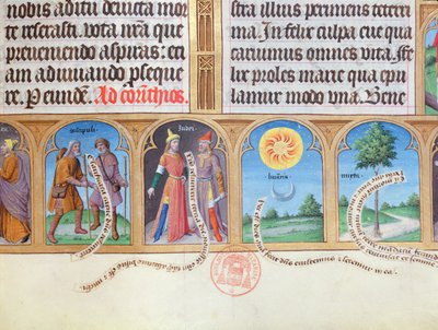 Ms 412 Time Book of Hours med illustrationer av pilgrimer, judar. sol, måne och myrten av French School