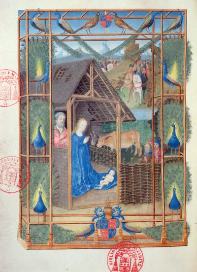 Ms 473 The Nativity with Peacocks, miniatyr från Heures de Charles de France, c.1466-69 av French School