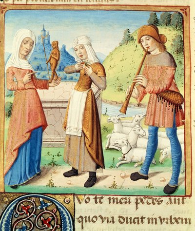 Ms 493 fol.15v Herden Menalcas och hans obesvarade kärlek, från The Eclogues av Vergilius med en kommentar av Servius, 1469 av French School