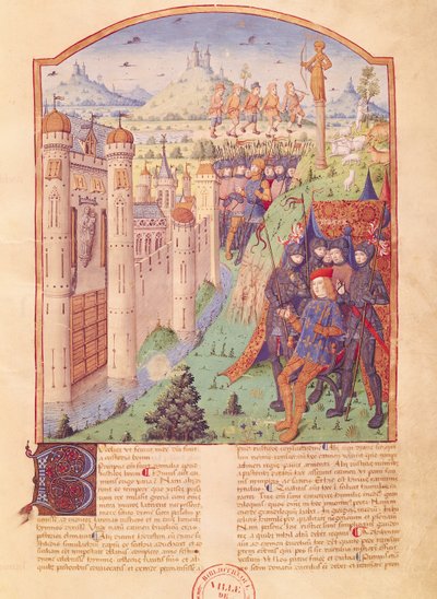 Ms 493 fol.1r The Works of Virgil med kommentar av Servius, The Bucolics, King som sitter på sin tron omgiven av sina vakter framför en befäst stad, Frankrike, 1469 av French School