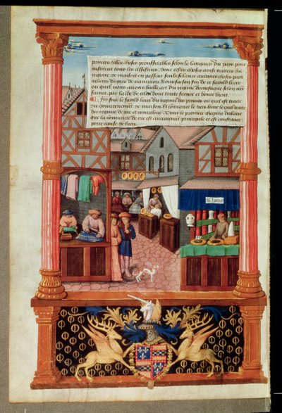 Ms 5062 fol.149v En gata med butiker och vapenskölden av Robert Stuart, marskalk av dAubigny Lucrece, från Livre de Gouvernement des Princes av Gilles de Rome av French School