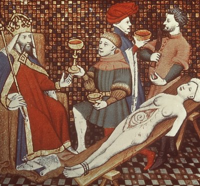 Ms 5193 f.290v Nero som dissekerar sin mor, från Jean Sans Peur-utgåvan av The Cases of Men illustrerad av Giovanni Boccaccio (1313-75) c.1410 av French School