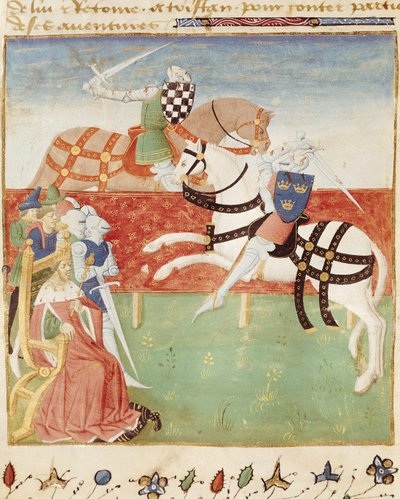 Ms 527 fol.40v Konfrontation av två riddare inför kungen, från Roman du Saint Graal av French School