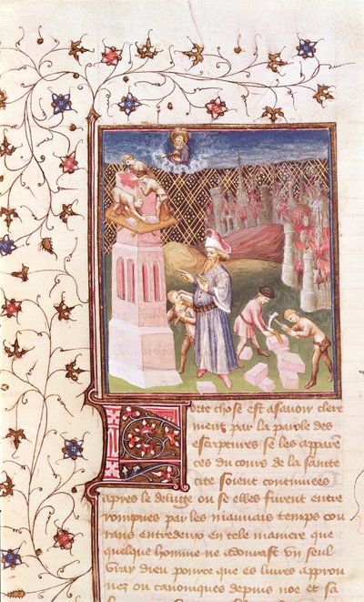 Ms 55 t f.111v Nimrod övervakar byggandet av Babels torn, från La Cite de Dieu av St. Augustine, översatt av Raoul de Presles (1316-82) c.1400-50 av French School